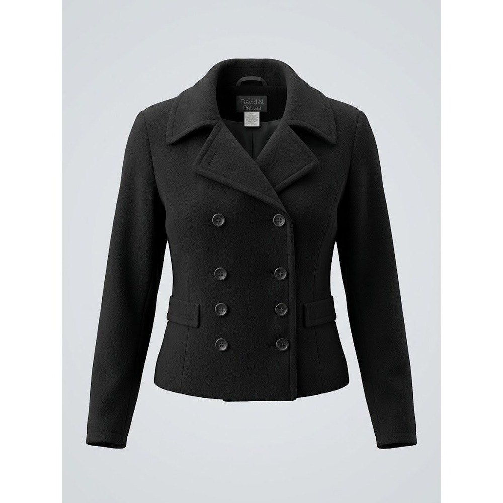 Vintage David N Petites Black Wool Cashmere Double Breasted Pea Coat Jacket 10P